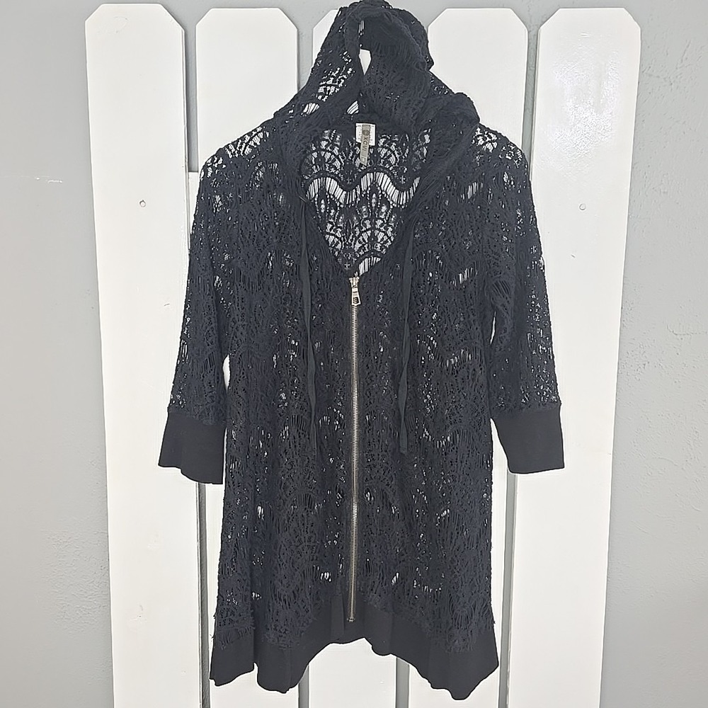 XCVI Crochet Zip Cardigan Top Small‎ Black Alternative Emo Goth Boho Cover Up